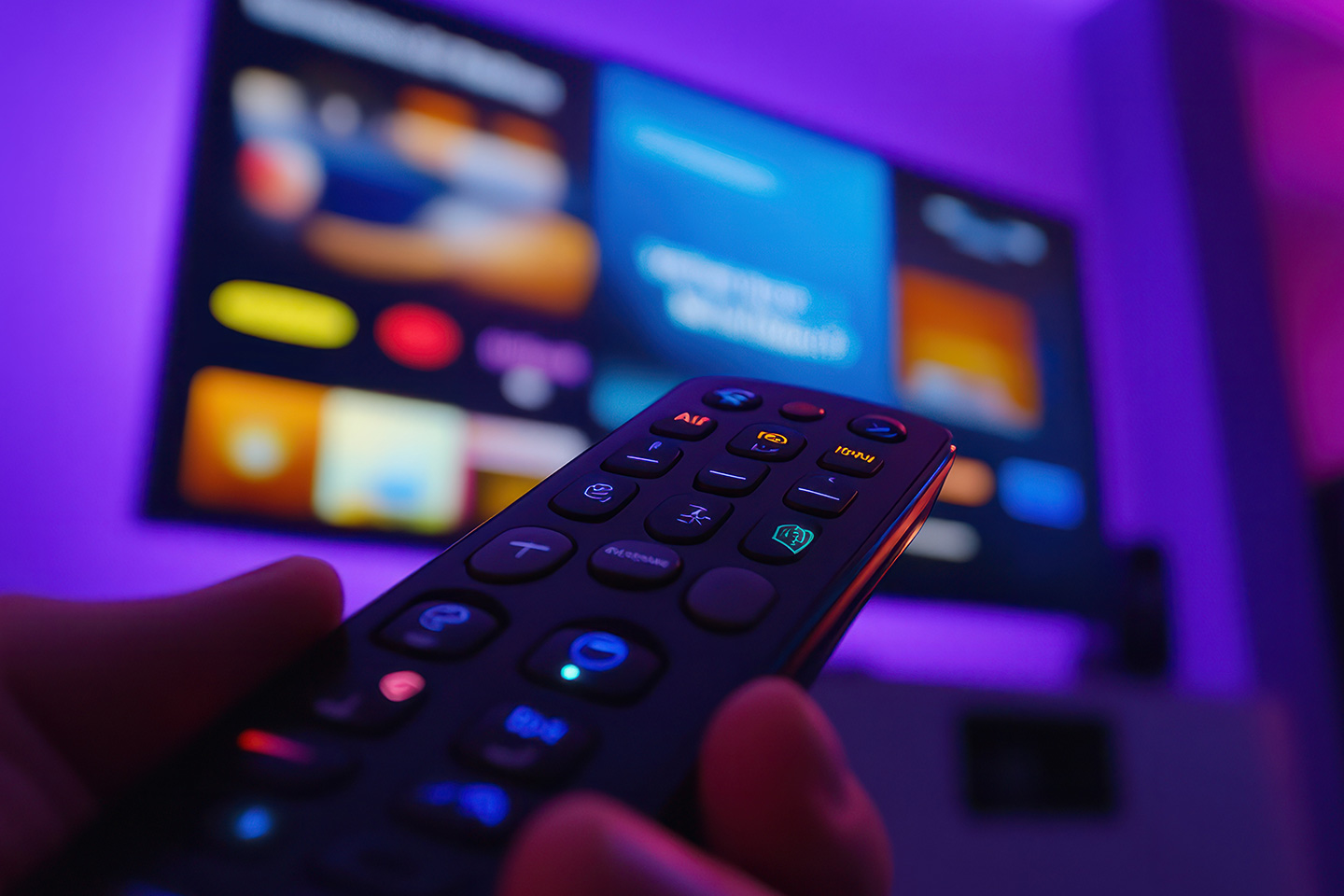 Fernbedienung mit Smart-TV im Hintergrund und einer umfassenden Programmauswahl