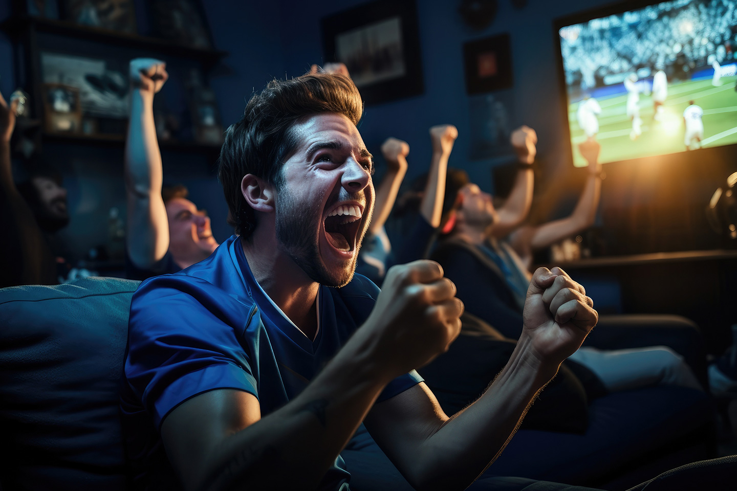 Freundesgruppe schaut gemeinsam Fußballspiel im Fernsehen und freut sich über ein Tor