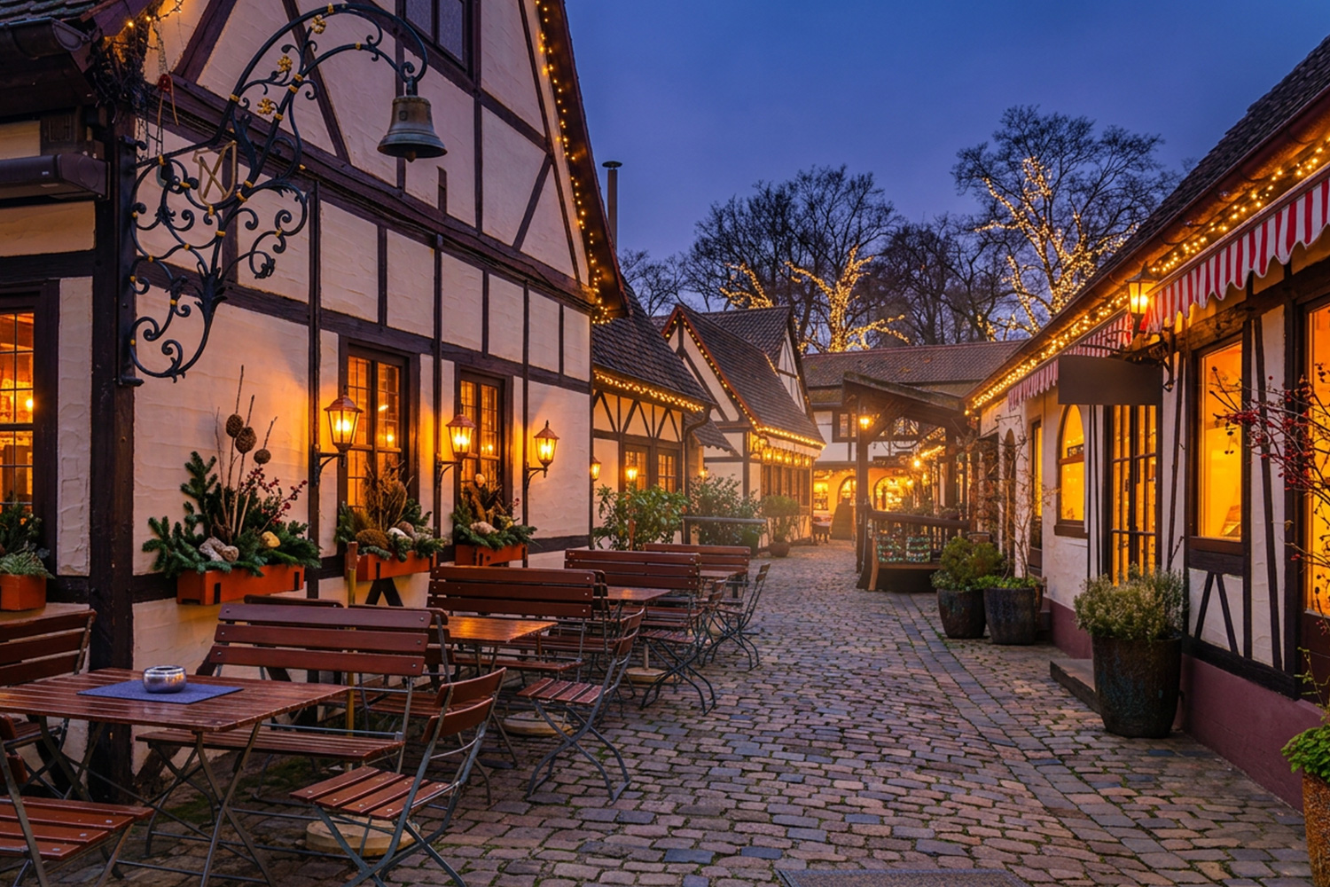 Winterliches und nächtliche Szenerie des Nürnberger Handwerkerhofs
